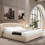 Luxury Upholstered Platform Beige Velvet Tufted King Size Bed